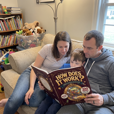 Family reading How Does It Work? together at home