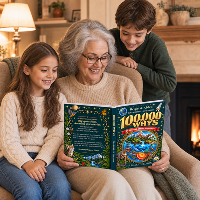 Grandmother holds 100,000 Whys on her lap as two children read beside her