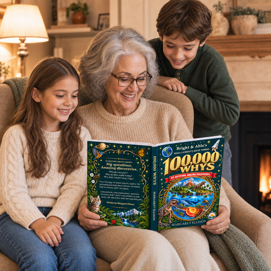 Grandmother holds 100,000 Whys on her lap as two children read beside her
