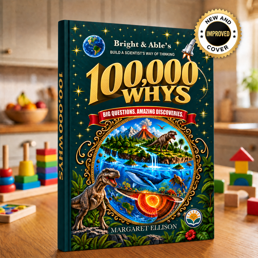 Bright & Able 100,000 Whys on a kitchen table with a New and Improved Cover badge