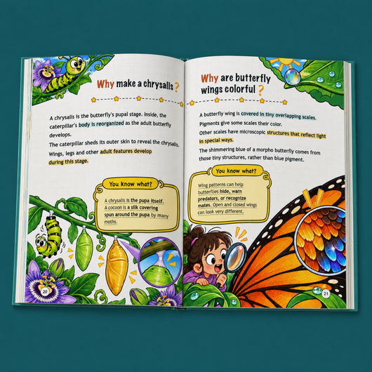 Inside Bright & Able’s 100,000 Whys: chrysalis and butterfly pages with You know what? fact boxes