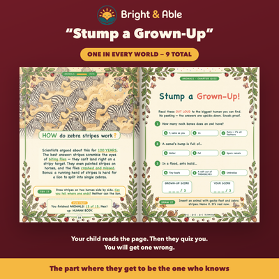 Stump a Grown-Up quiz pages - one at the end of every world