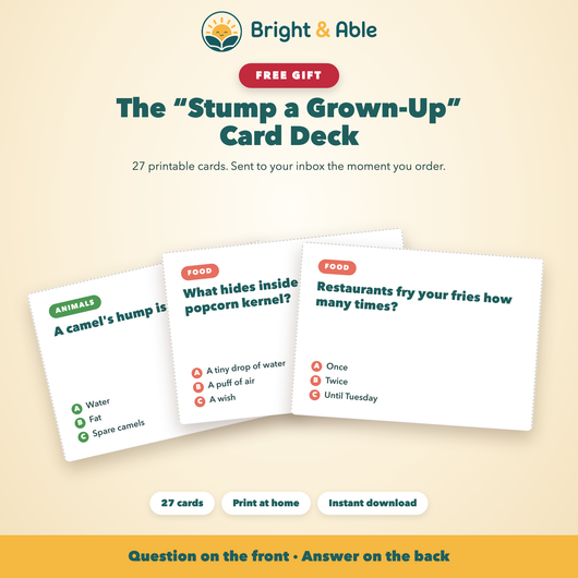 Free gift - the Stump a Grown-Up printable card deck, 27 cards, instant download