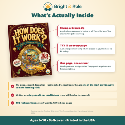 What's inside - Stump-a-Grown-Up quizzes, TRY IT experiments, one question per page, 100 questions across 9 worlds